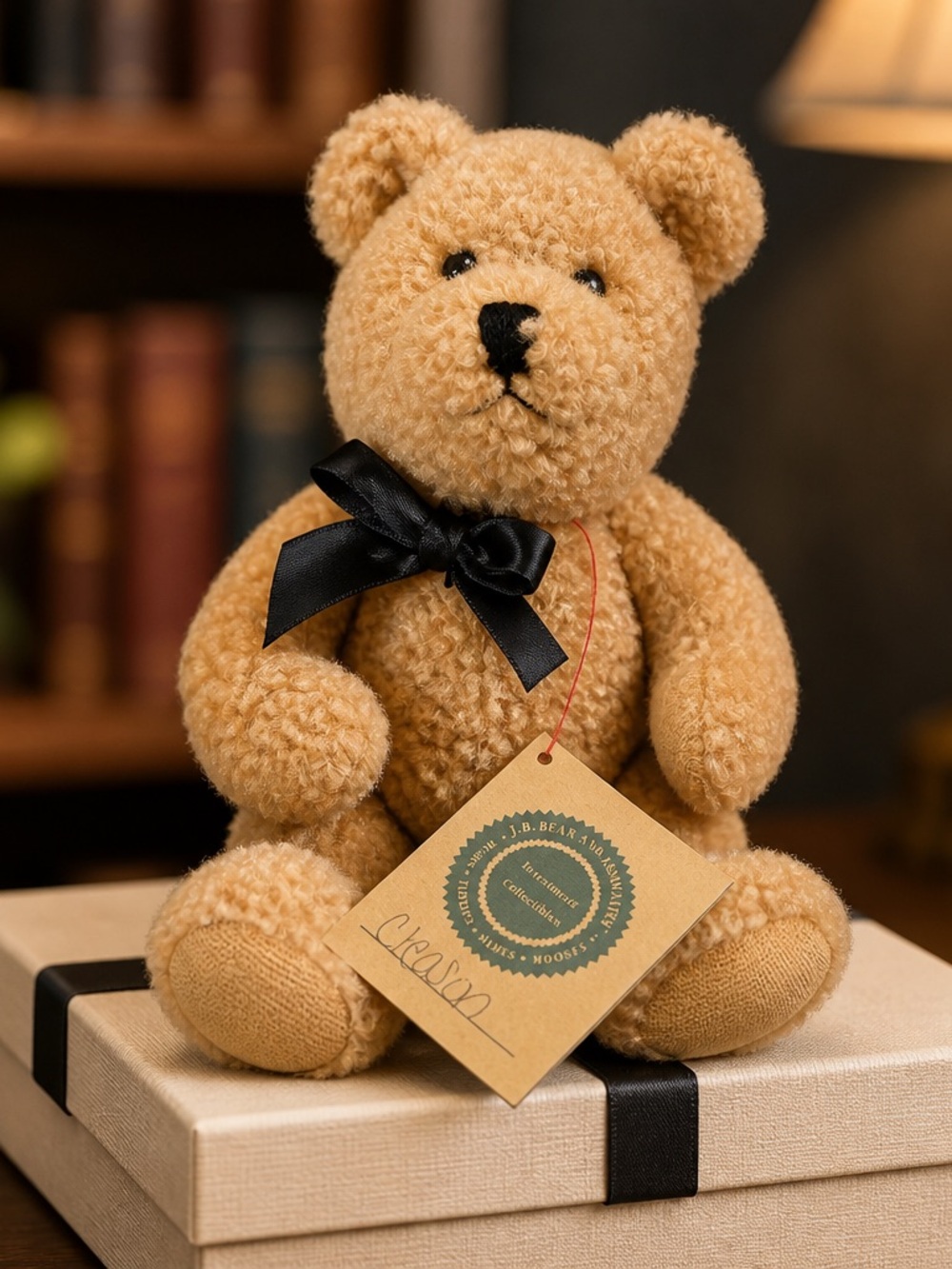 Boyds Bears Tan Curly Plush Bear with Black Bow